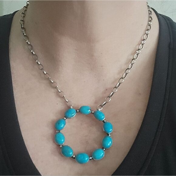 Sterling Dorothy Secatero Navajo Kingman Blue Turquoise Circle Necklace - Picture 2 of 13